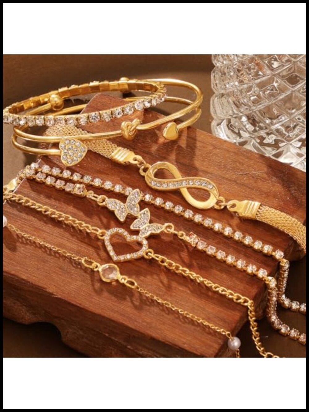 Stackable Bangle Chain Bracelet Set Adjustable Cuff Rhinestone Charm - Picture 5 of 6